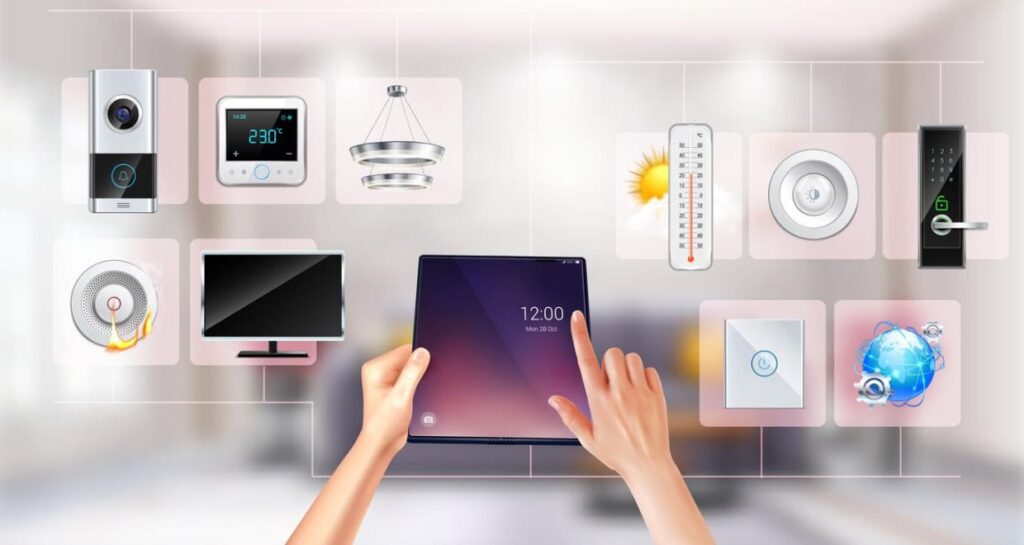 Hands interacting with a tablet that controls various home automation devices