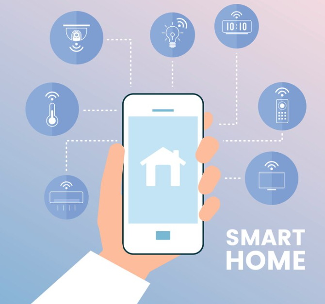 Graphic of a hand holding a smartphone with smart home connectivity icons